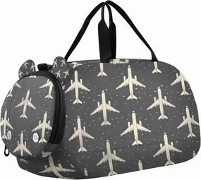 Travel Duffle Bag for Kids Boys Girls Plane Black Pattern Sports Bag Overnighter Duffle Sleepover Weekender with Shoes Compartment
