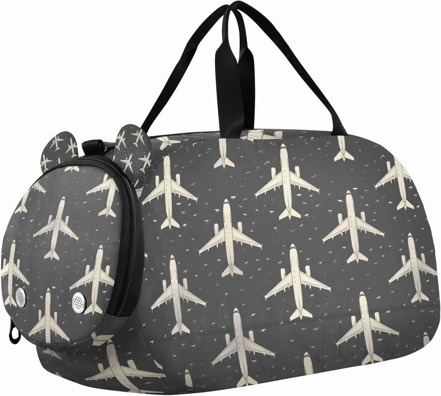 Travel Duffle Bag for Kids Boys Girls Plane Black Pattern Sports Bag Overnighter Duffle Sleepover Weekender with Shoes Compartment