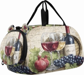 Travel Duffle Bag for Kids Boys Girls Red Wine Glasses with Grape B Sports Bag Overnighter Duffle Sleepover Weekender with Shoes Compartment