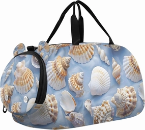 Travel Duffle Bag for Kids Boys Girls Seashell Blue Beach Sports Bag Overnighter Duffle Sleepover Weekender with Shoes Compartment