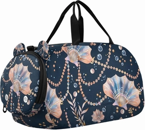 Travel Duffle Bag for Kids Boys Girls Seashell Pearl Black Sports Bag Overnighter Duffle Sleepover Weekender with Shoes Compartment