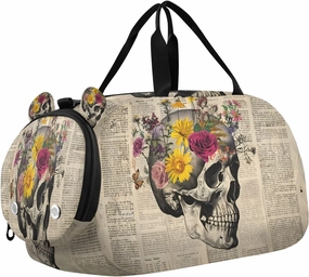 Travel Duffle Bag for Kids Boys Girls Skeleton Funny Skull Flower Sports Bag Overnighter Duffle Sleepover Weekender with Shoes Compartment