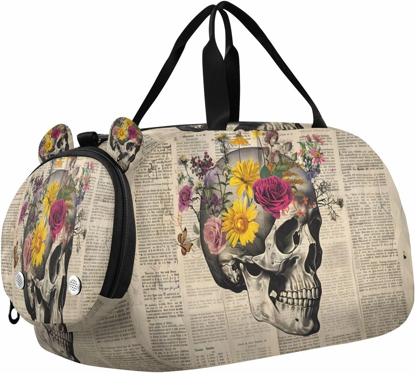 Travel Duffle Bag for Kids Boys Girls Skeleton Funny Skull Flower Sports Bag Overnighter Duffle Sleepover Weekender with Shoes Compartment