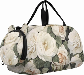 Travel Duffle Bag for Kids Boys Girls White Rose Flower Retro Sports Bag Overnighter Duffle Sleepover Weekender with Shoes Compartment
