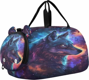 Travel Duffle Bag for Kids Boys Girls Wolf Galaxy Blue Wolves Sports Bag Overnighter Duffle Sleepover Weekender with Shoes Compartment
