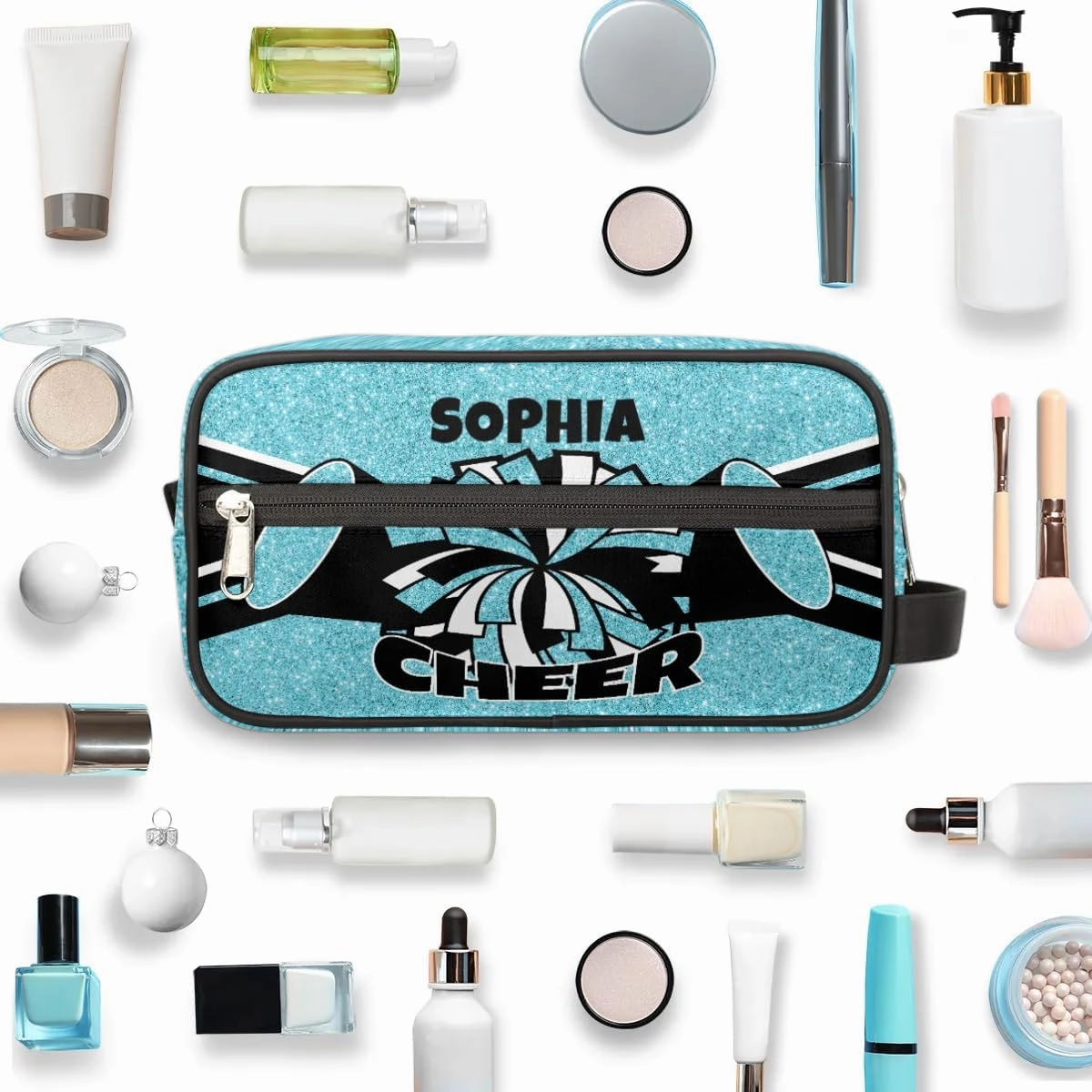 TropicalLife Custom Cheer Cosmetic Bag for Cheerleader, Personalized Cheerleading Makeup Case Portable Travel Bag Toiletry Zipper Pouch for Teammates Gifts, Glitter Azure