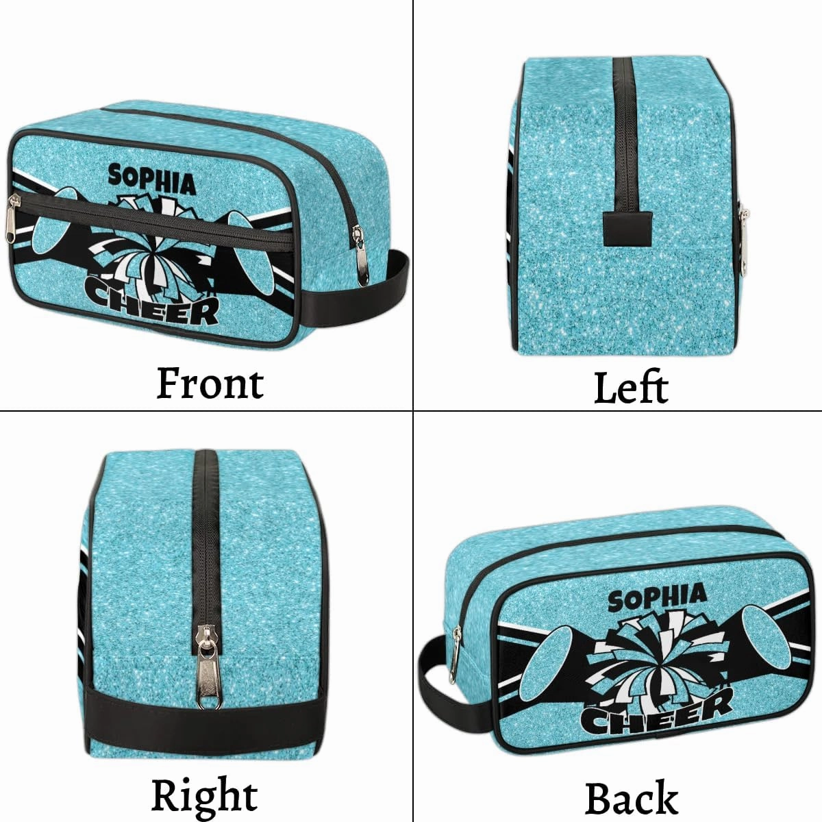 TropicalLife Custom Cheer Cosmetic Bag for Cheerleader, Personalized Cheerleading Makeup Case Portable Travel Bag Toiletry Zipper Pouch for Teammates Gifts, Glitter Azure
