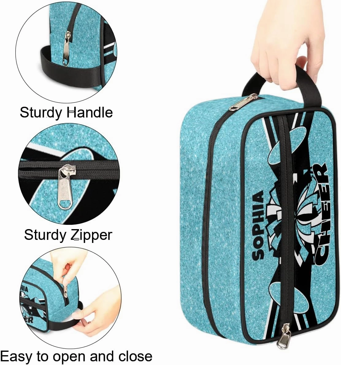 TropicalLife Custom Cheer Cosmetic Bag for Cheerleader, Personalized Cheerleading Makeup Case Portable Travel Bag Toiletry Zipper Pouch for Teammates Gifts, Glitter Azure