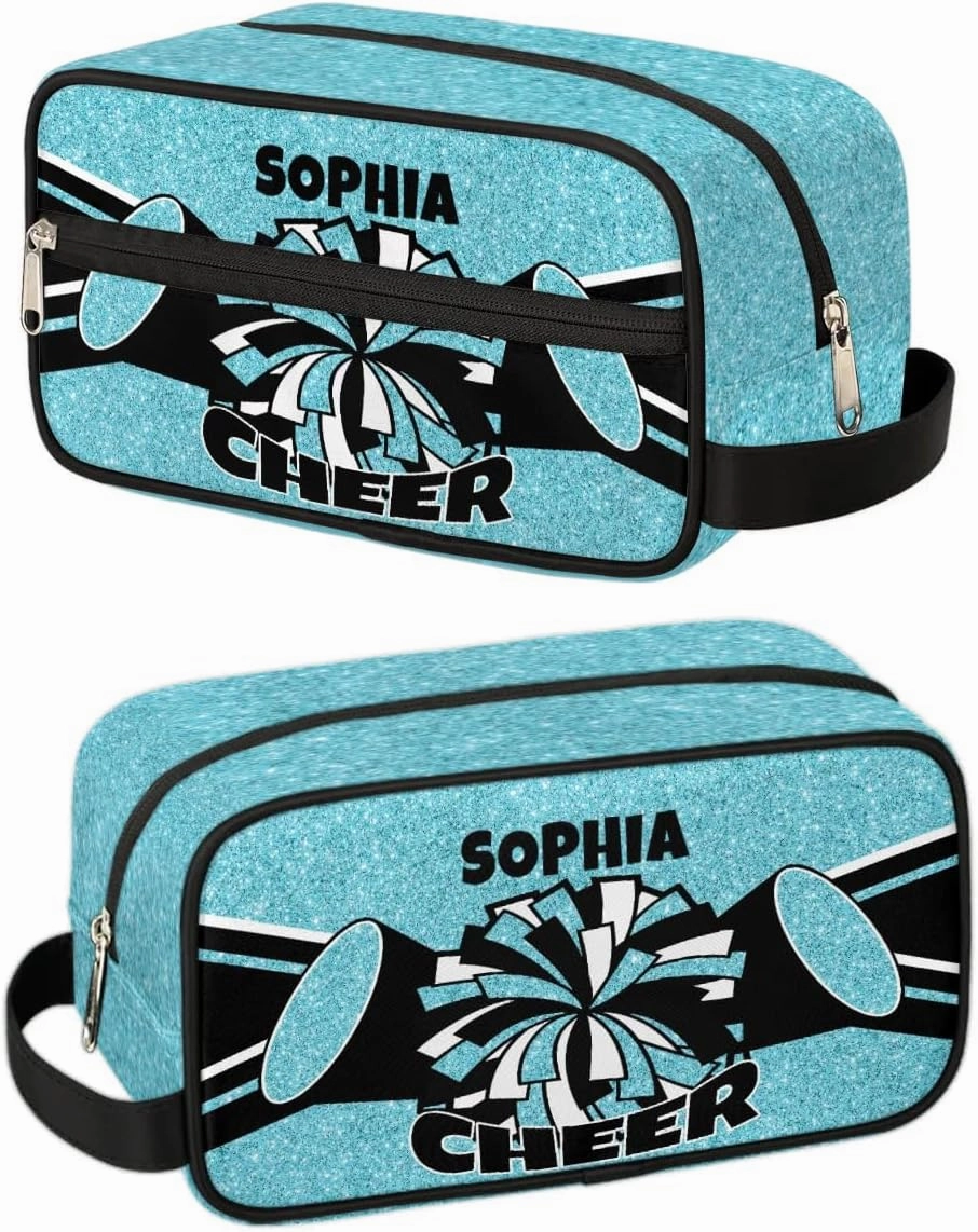 TropicalLife Custom Cheer Cosmetic Bag for Cheerleader, Personalized Cheerleading Makeup Case Portable Travel Bag Toiletry Zipper Pouch for Teammates Gifts, Glitter Azure