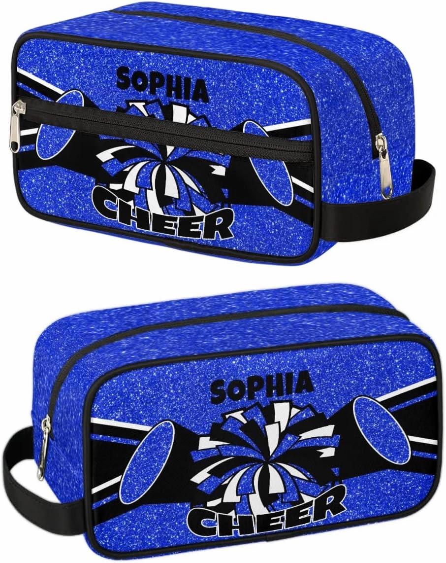 TropicalLife Custom Cheer Cosmetic Bag for Cheerleader, Personalized Cheerleading Makeup Case Portable Travel Bag Toiletry Zipper Pouch for Teammates Gifts, Glitter Blue