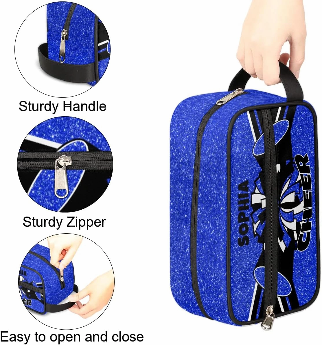 TropicalLife Custom Cheer Cosmetic Bag for Cheerleader, Personalized Cheerleading Makeup Case Portable Travel Bag Toiletry Zipper Pouch for Teammates Gifts, Glitter Blue
