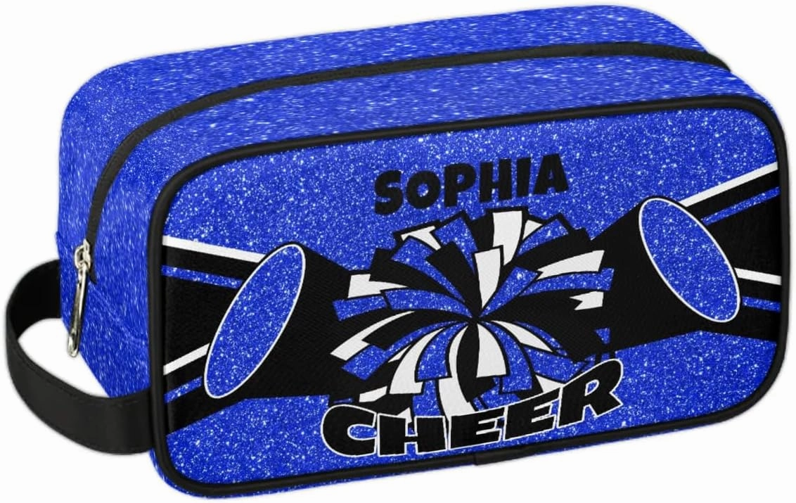 TropicalLife Custom Cheer Cosmetic Bag for Cheerleader, Personalized Cheerleading Makeup Case Portable Travel Bag Toiletry Zipper Pouch for Teammates Gifts, Glitter Blue