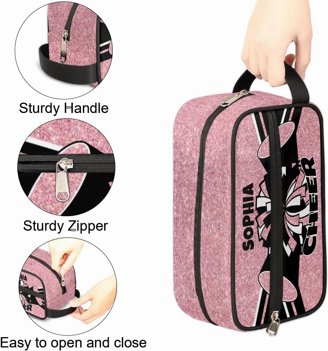 TropicalLife Custom Cheer Cosmetic Bag for Cheerleader, Personalized Cheerleading Makeup Case Portable Travel Bag Toiletry Zipper Pouch for Teammates Gifts, Glitter Coral Pink