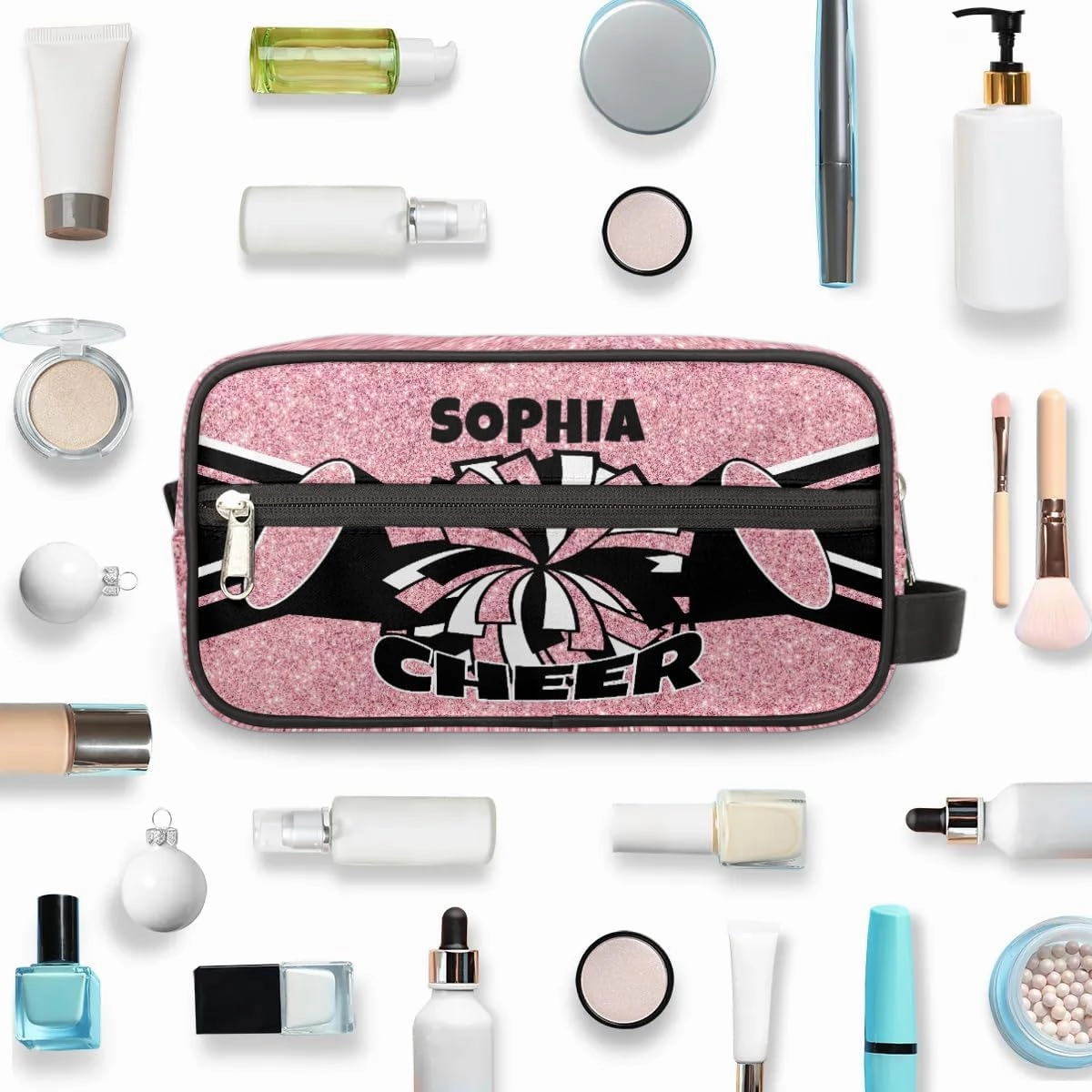 TropicalLife Custom Cheer Cosmetic Bag for Cheerleader, Personalized Cheerleading Makeup Case Portable Travel Bag Toiletry Zipper Pouch for Teammates Gifts, Glitter Coral Pink