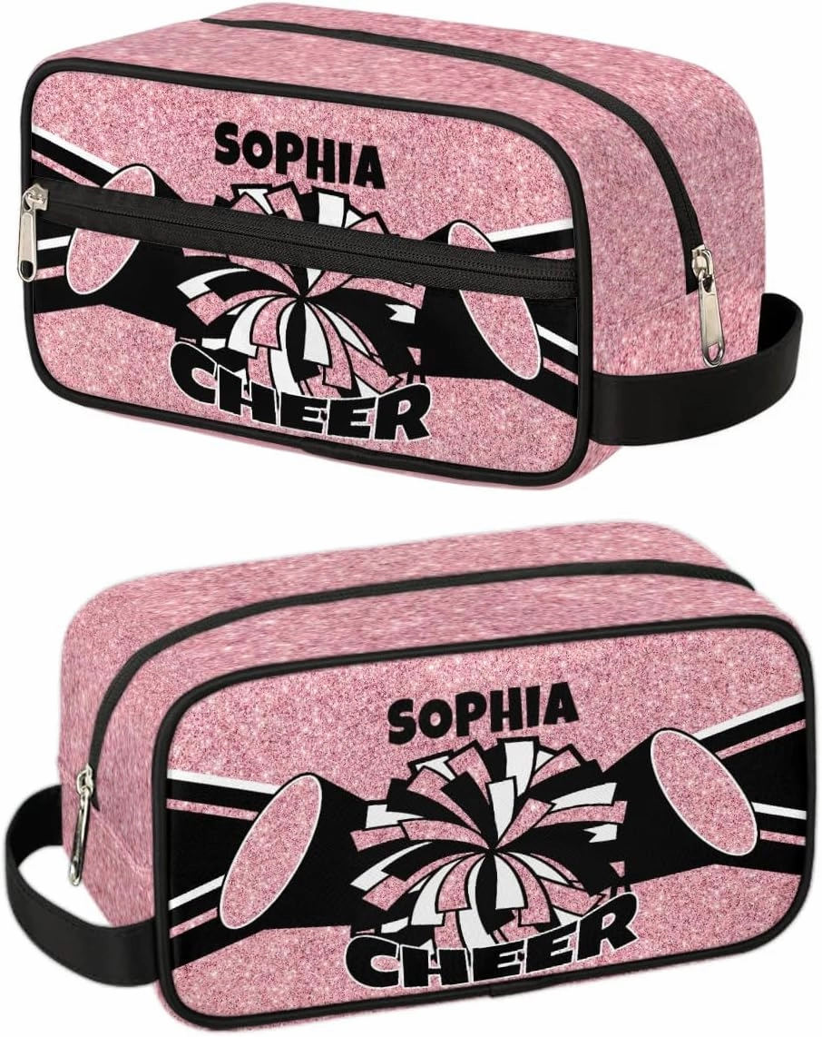 TropicalLife Custom Cheer Cosmetic Bag for Cheerleader, Personalized Cheerleading Makeup Case Portable Travel Bag Toiletry Zipper Pouch for Teammates Gifts, Glitter Coral Pink