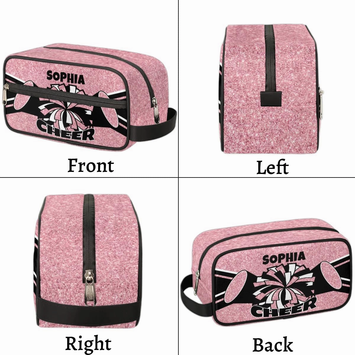 TropicalLife Custom Cheer Cosmetic Bag for Cheerleader, Personalized Cheerleading Makeup Case Portable Travel Bag Toiletry Zipper Pouch for Teammates Gifts, Glitter Coral Pink