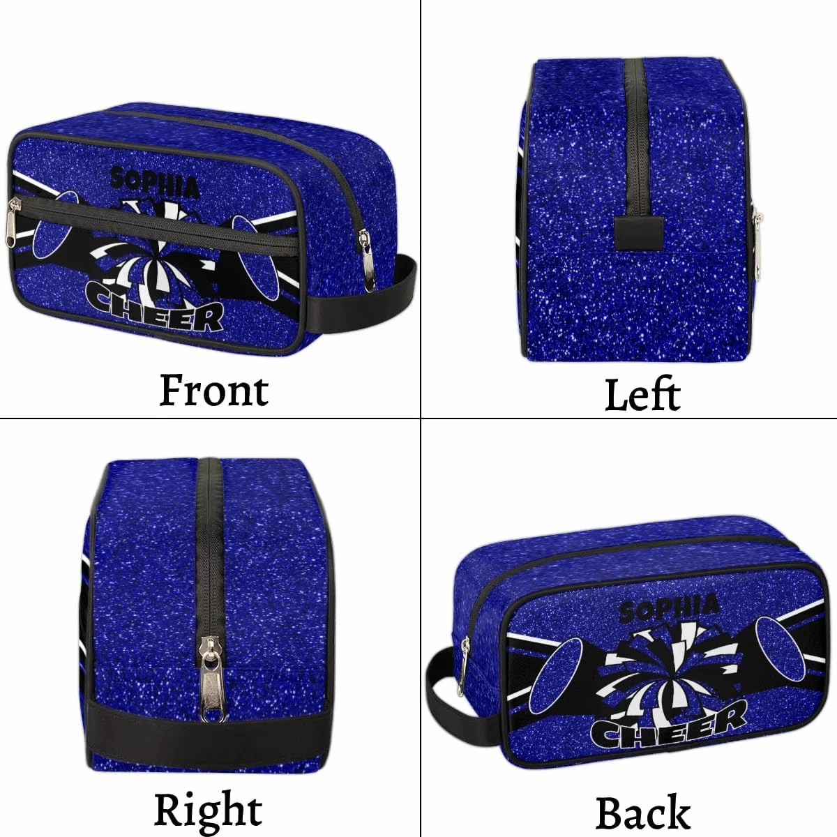 TropicalLife Custom Cheer Cosmetic Bag for Cheerleader, Personalized Cheerleading Makeup Case Portable Travel Bag Toiletry Zipper Pouch for Teammates Gifts, Glitter Dark Blue
