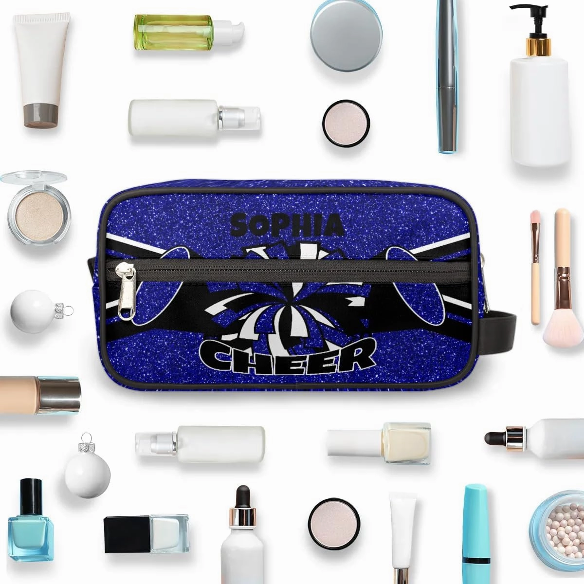 TropicalLife Custom Cheer Cosmetic Bag for Cheerleader, Personalized Cheerleading Makeup Case Portable Travel Bag Toiletry Zipper Pouch for Teammates Gifts, Glitter Dark Blue