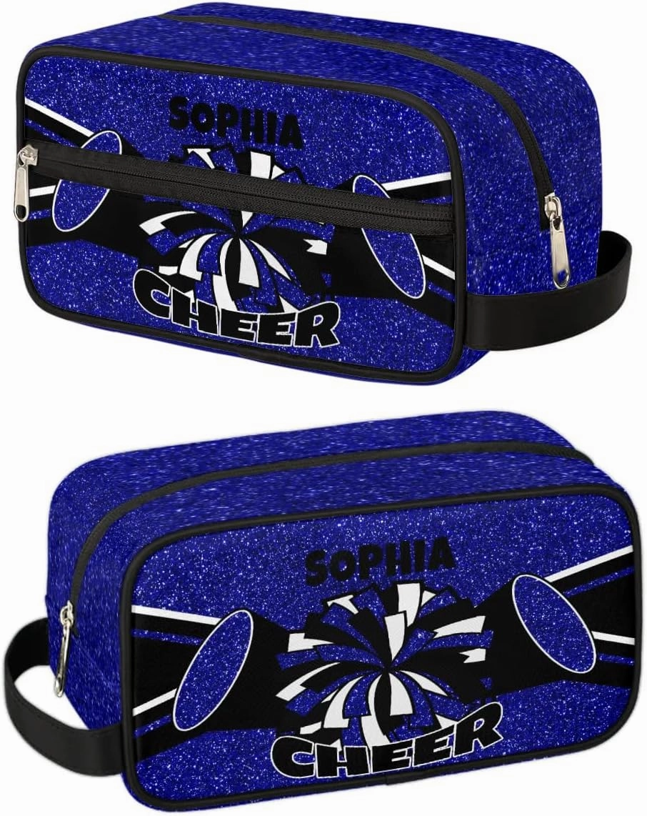 TropicalLife Custom Cheer Cosmetic Bag for Cheerleader, Personalized Cheerleading Makeup Case Portable Travel Bag Toiletry Zipper Pouch for Teammates Gifts, Glitter Dark Blue