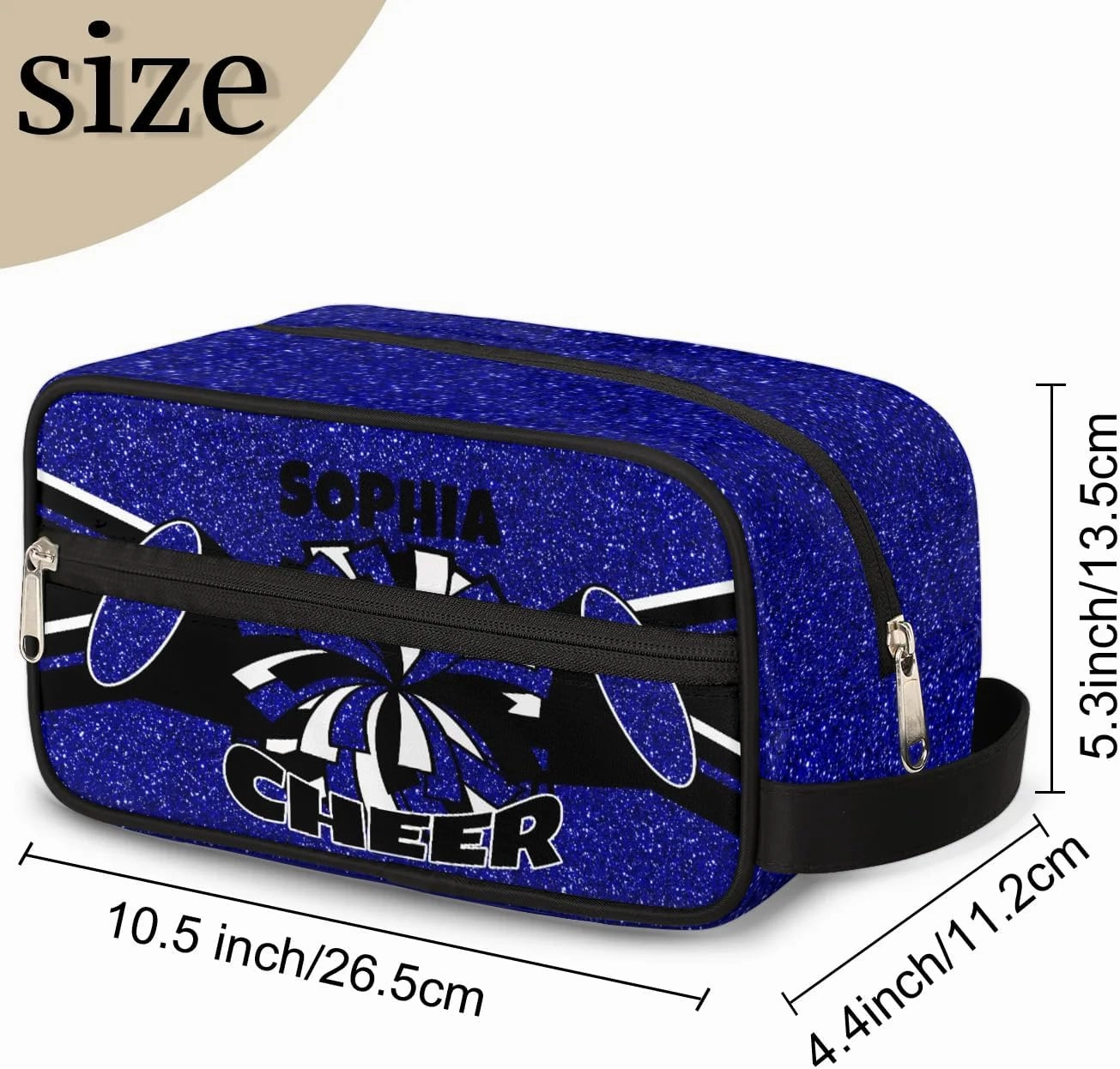 TropicalLife Custom Cheer Cosmetic Bag for Cheerleader, Personalized Cheerleading Makeup Case Portable Travel Bag Toiletry Zipper Pouch for Teammates Gifts, Glitter Dark Blue