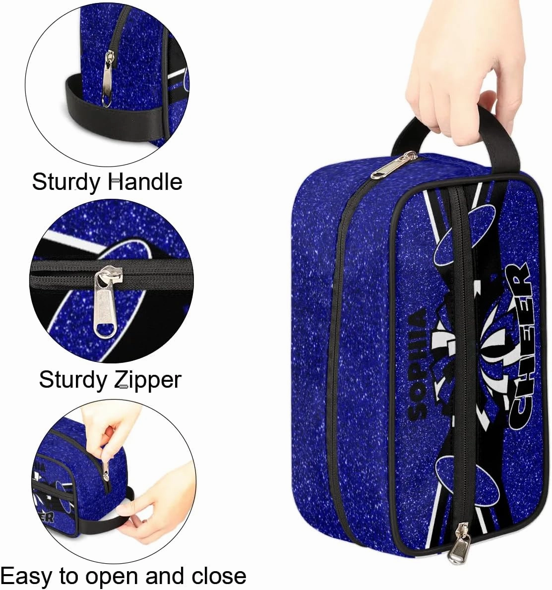TropicalLife Custom Cheer Cosmetic Bag for Cheerleader, Personalized Cheerleading Makeup Case Portable Travel Bag Toiletry Zipper Pouch for Teammates Gifts, Glitter Dark Blue