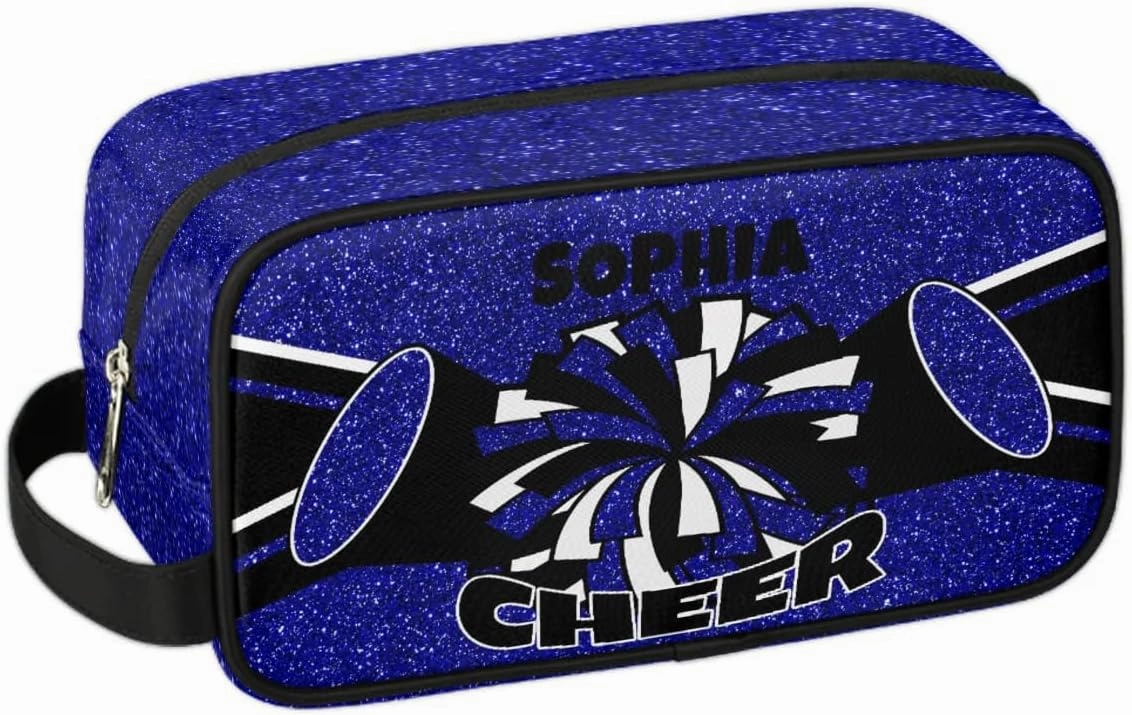 TropicalLife Custom Cheer Cosmetic Bag for Cheerleader, Personalized Cheerleading Makeup Case Portable Travel Bag Toiletry Zipper Pouch for Teammates Gifts, Glitter Dark Blue