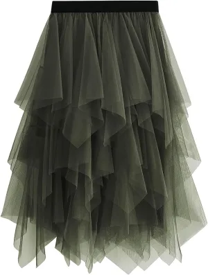 Tulle Skirts for Women Midi Long Fairy Skirt Tutu A-Line Mesh Layered High Elastic Waist Halloween Skirts