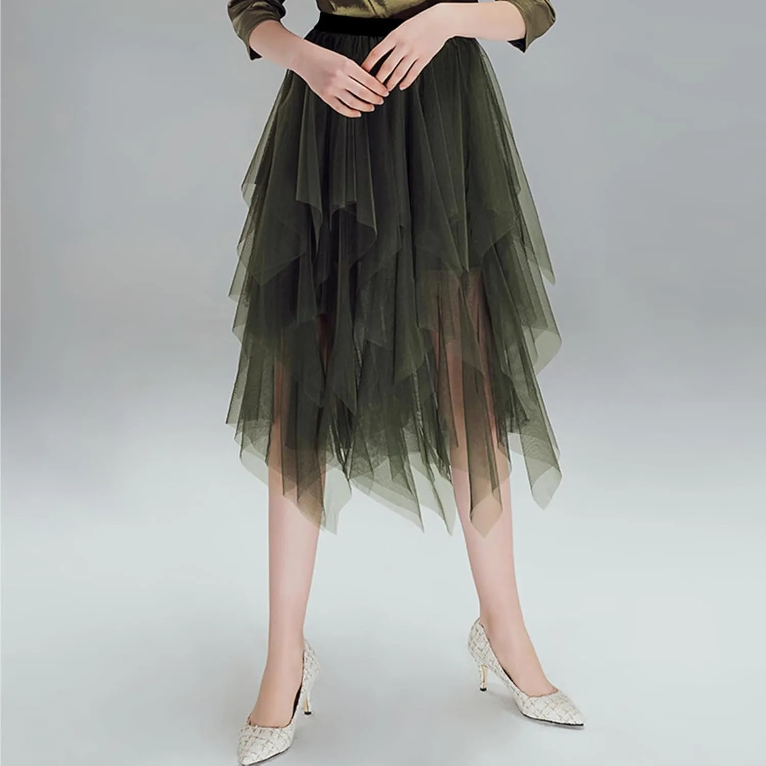 Tulle Skirts for Women Midi Long Fairy Skirt Tutu A-Line Mesh Layered High Elastic Waist Halloween Skirts