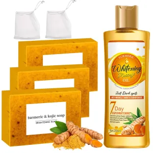 Turmeric Kojic Soap Bar & Oil for Face & Body, Nautral Ingredients with Ginger, Soothing, Hydrating Skin, Turmeric Skin Care Set for All Type (3)
