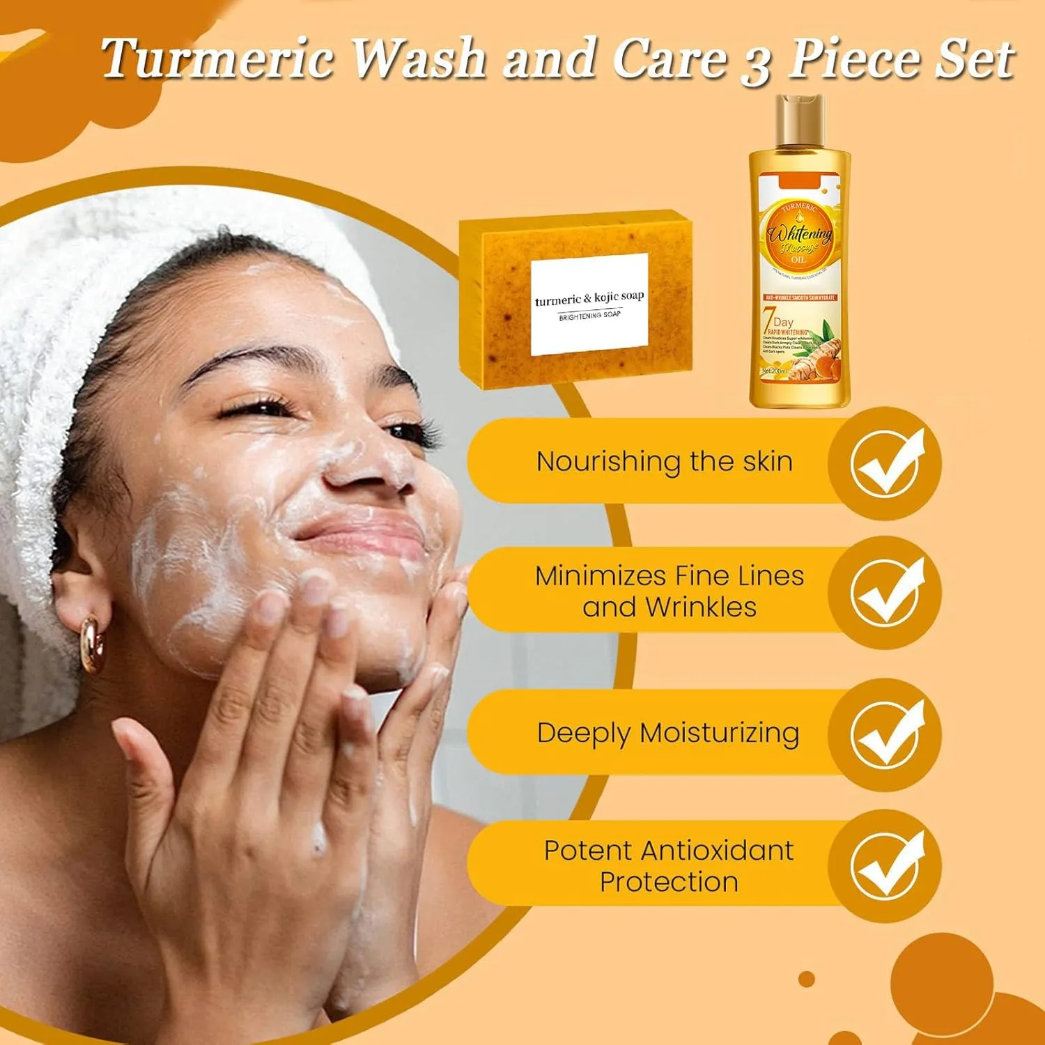 Turmeric Kojic Soap Bar & Oil for Face & Body, Nautral Ingredients with Ginger, Soothing, Hydrating Skin, Turmeric Skin Care Set for All Type (3)