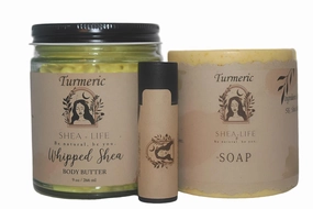 Turmeric Gift Box, Trio of Turmeric Whipped Body Butter and Turmeric Lip balm and Turmeric Soap. Super moisturizing and helps to tone your skin.