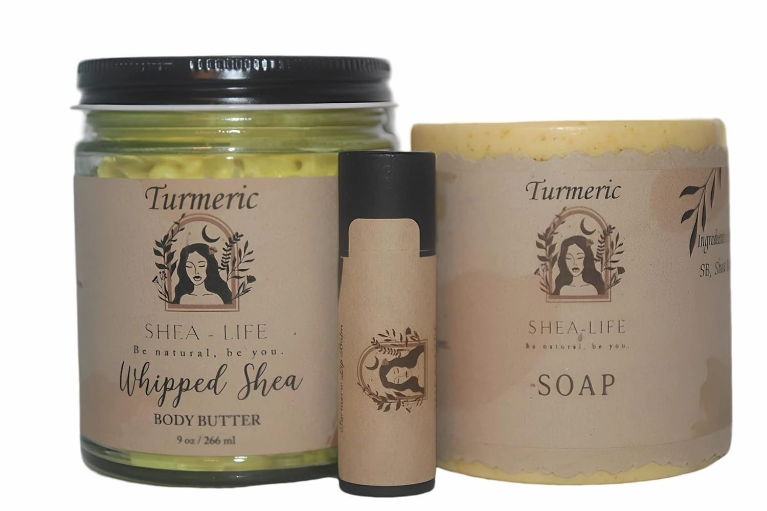 Turmeric Gift Box, Trio of Turmeric Whipped Body Butter and Turmeric Lip balm and Turmeric Soap. Super moisturizing and helps to tone your skin.