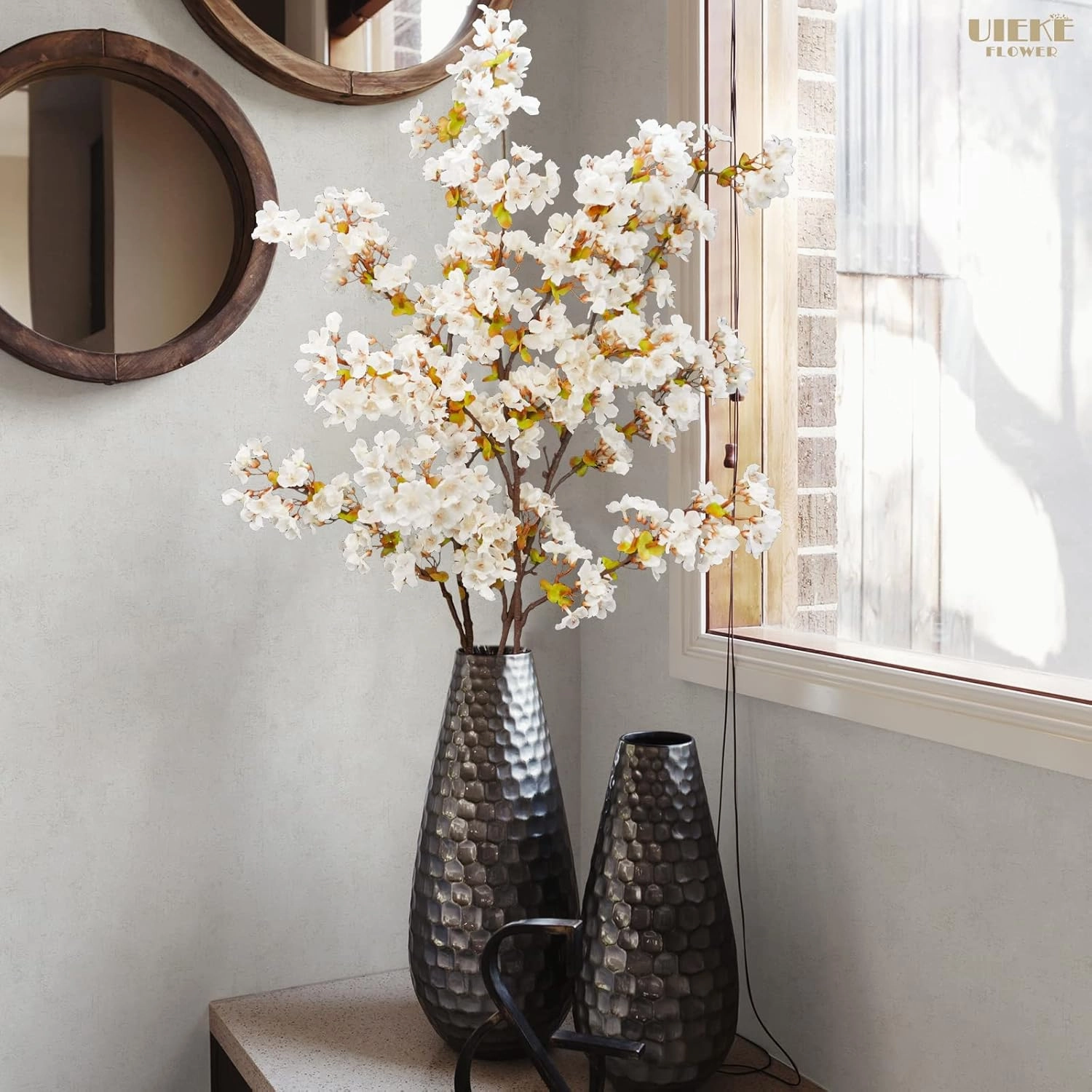 Uieke Silk White Cherry Blossom Branches, 39.3in Artificial Cherry Blossom Stems, Fake Plum Blossom Flowers Arrangement for Wedding Home Decor, Set of 8