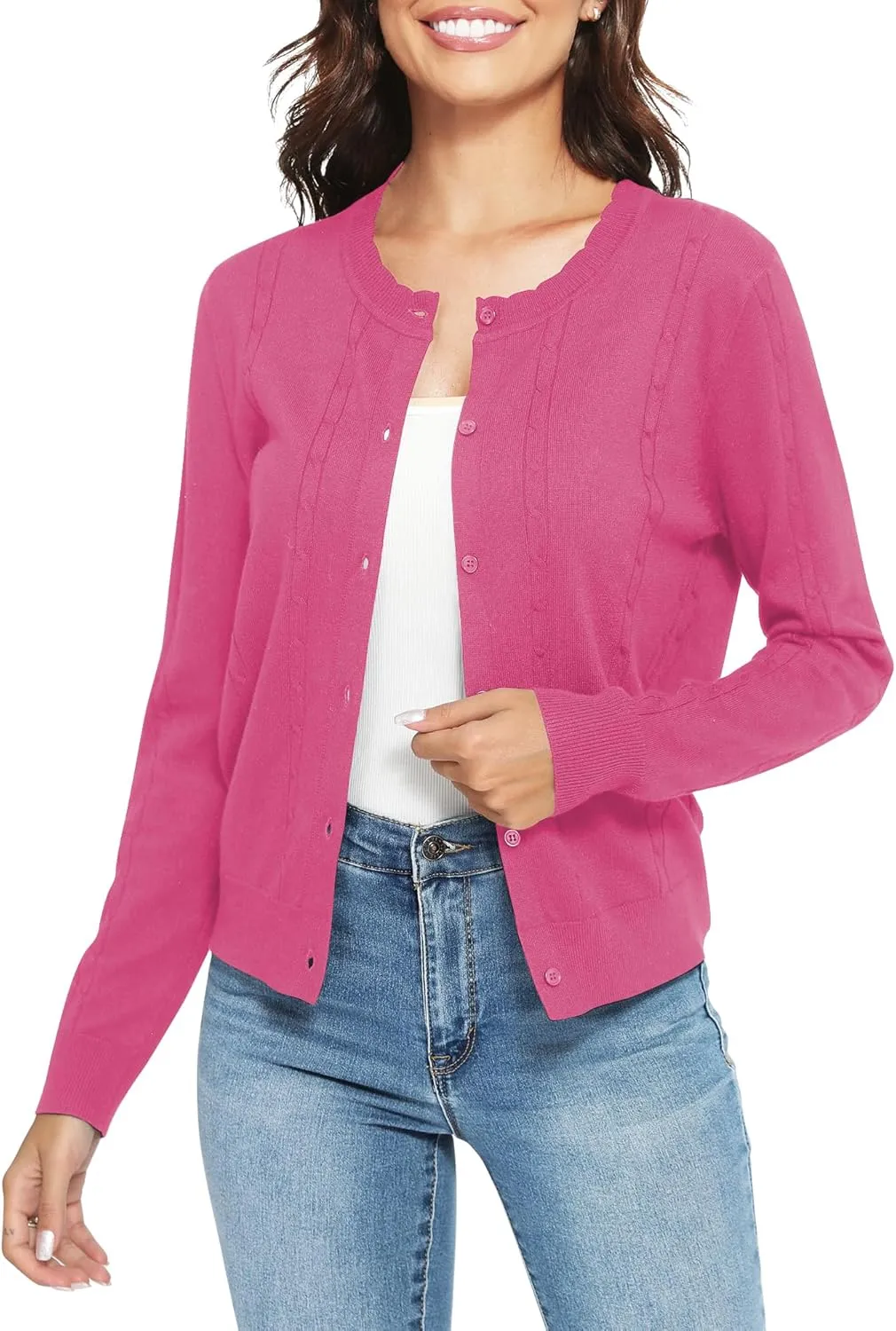 Urban CoCo Women's Lightweight Crew Neck Cropped Cardigan Long Sleeve Open Front Soft Knit Tops Casual Outfit