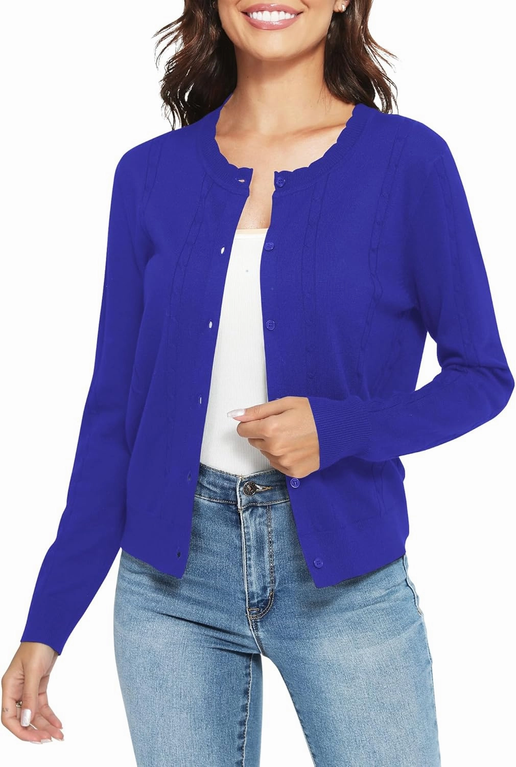 Urban CoCo Women's Lightweight Crew Neck Cropped Cardigan Long Sleeve Open Front Soft Knit Tops Casual Outfit