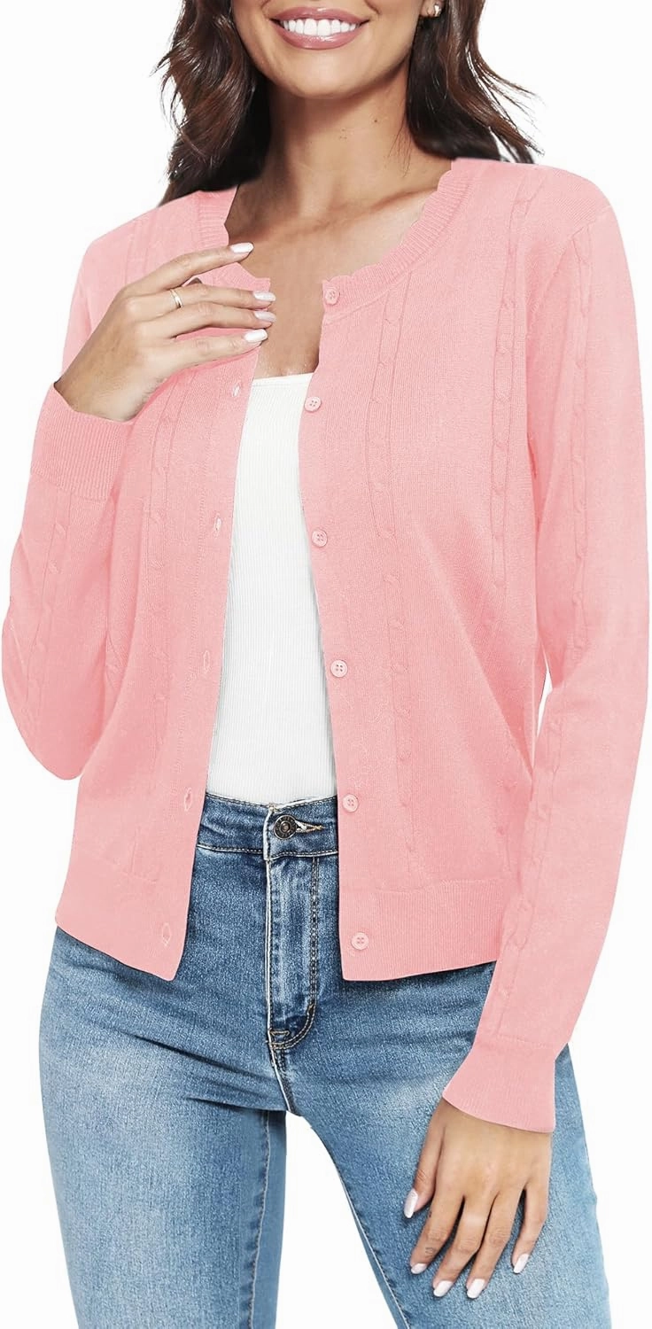 Urban CoCo Women's Lightweight Crew Neck Cropped Cardigan Long Sleeve Open Front Soft Knit Tops Casual Outfit