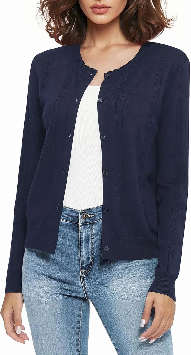 Urban CoCo Women's Lightweight Crew Neck Cropped Cardigan Long Sleeve Open Front Soft Knit Tops Casual Outfit