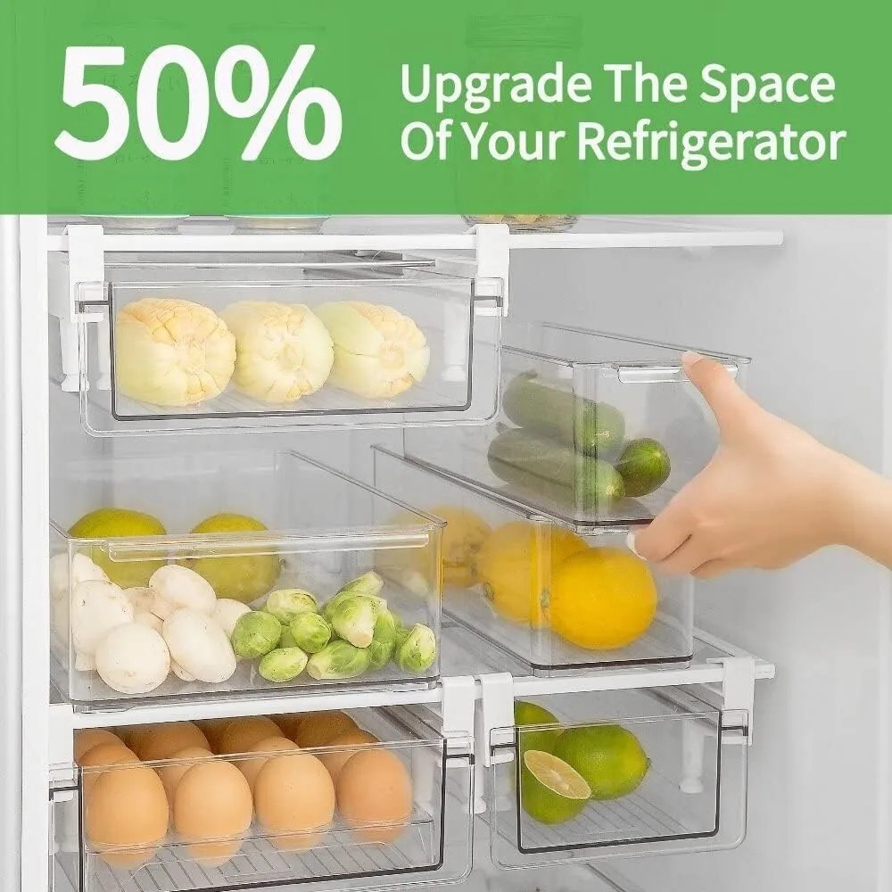 vacane Upgraded Refrigerator Drawers Organizer - Pull Out Fridge Bins with Handle, Extra-Long 19.5" Stretchable and Deep Storage