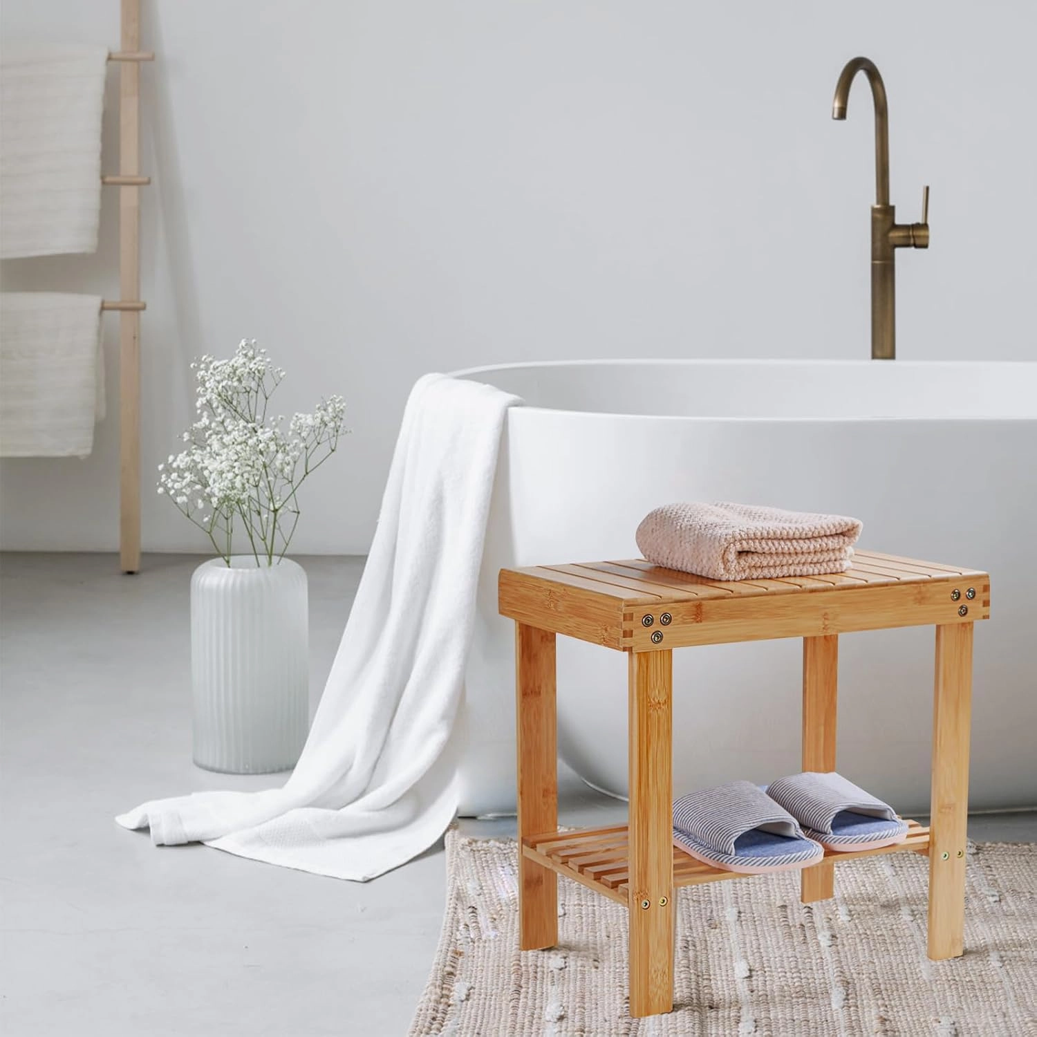 VaeFae Bamboo Shower Bench, Spa Bench Wood Seat Stool, Foot Rest Shaving Stool with Non-Slip Feets and Storage Shelf, Works in Bathroom/Living Room/Bedroom/Garden Leisure