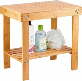 VaeFae Bamboo Shower Bench, Spa Bench Wood Seat Stool, Foot Rest Shaving Stool with Non-Slip Feets and Storage Shelf, Works in Bathroom/Living Room/Bedroom/Garden Leisure