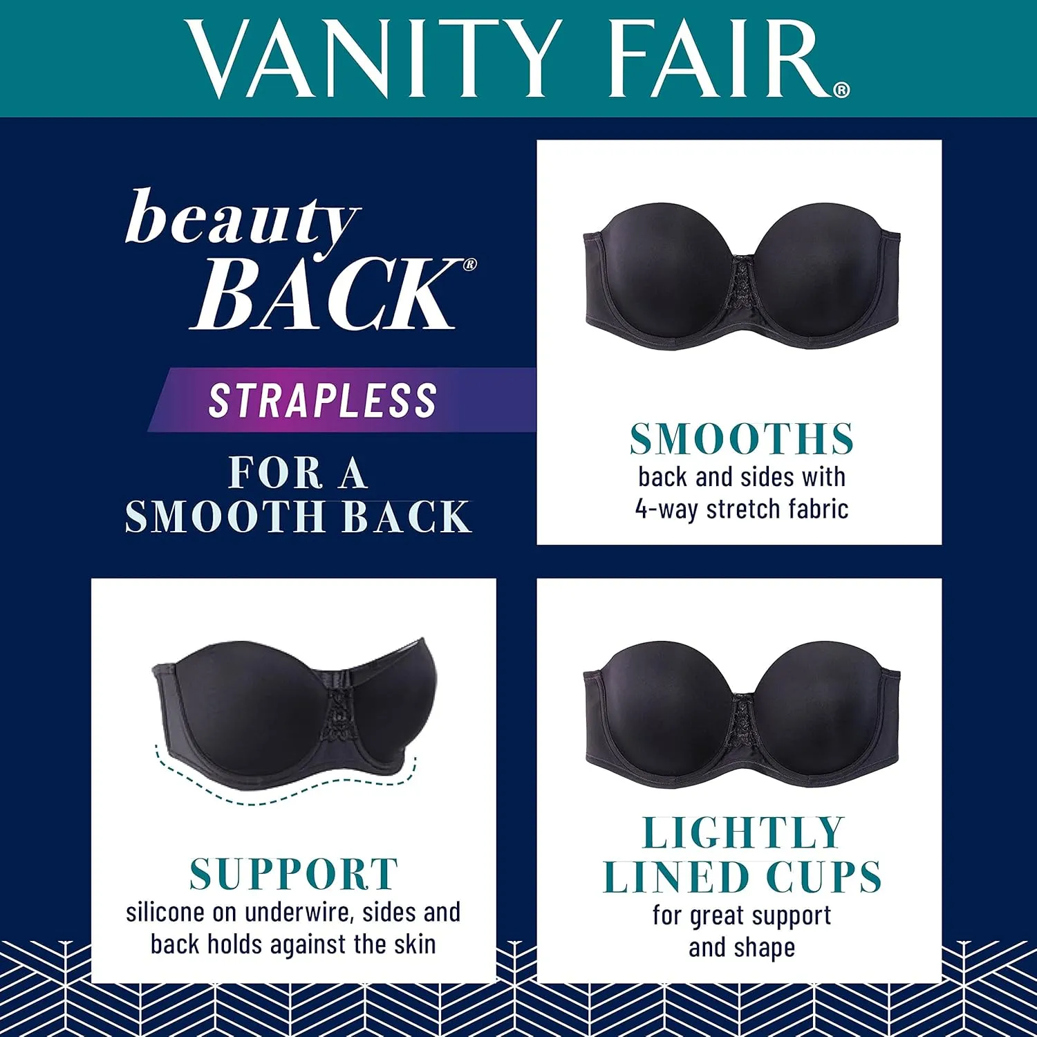 Vanity Fair Women's Beauty Back Smoothing Strapless Bra, 4-Way Stretch Fabric, Lightly Lined Cups Up to H