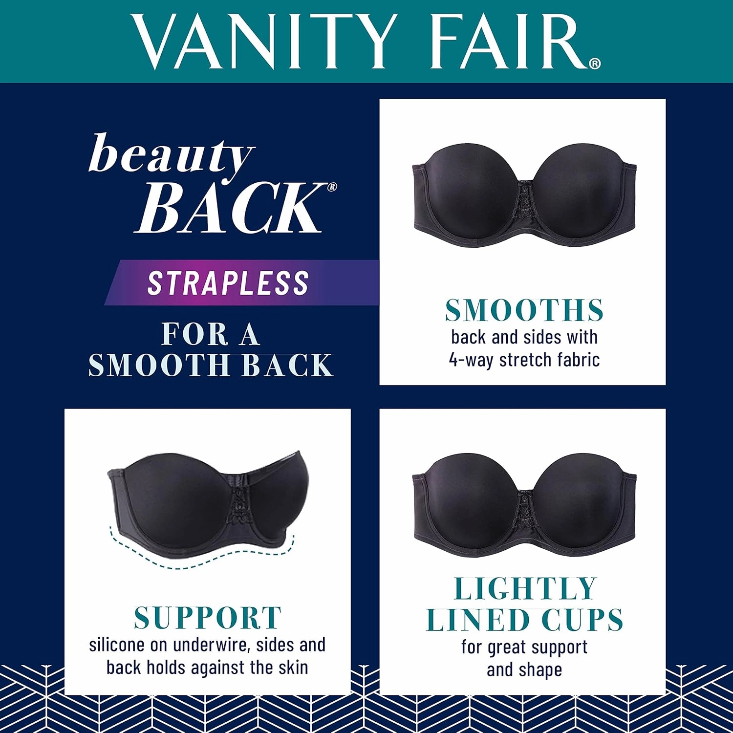 Vanity Fair Women's Beauty Back Smoothing Strapless Bra, 4-Way Stretch Fabric, Lightly Lined Cups Up to H