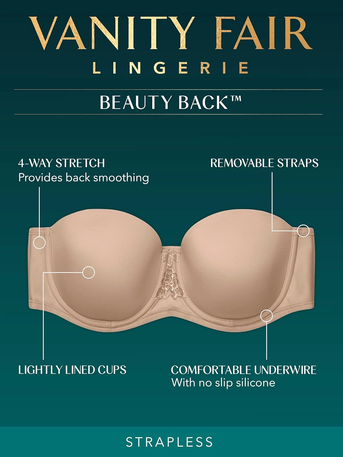Vanity Fair Women's Beauty Back Smoothing Strapless Bra, 4-Way Stretch Fabric, Lightly Lined Cups Up to H