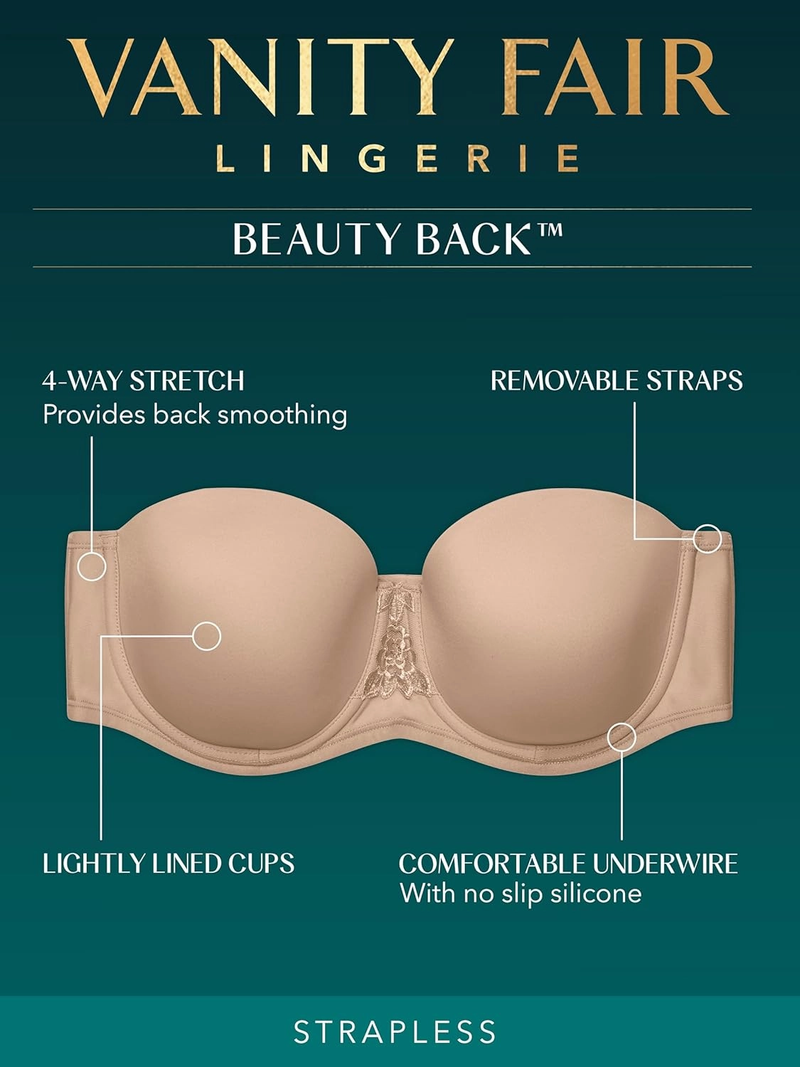 Vanity Fair Women's Beauty Back Smoothing Strapless Bra, 4-Way Stretch Fabric, Lightly Lined Cups Up to H