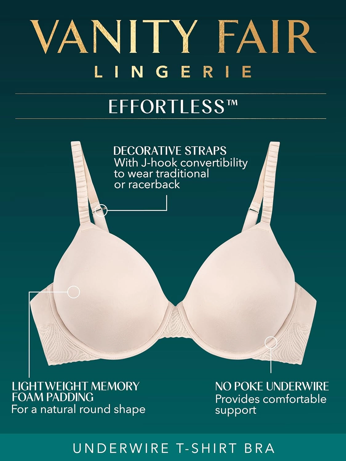 Vanity Fair Women's Effortless Underwire Bra, Buttery Soft Fabric & Lightweight Memory Foam Cups up to DD