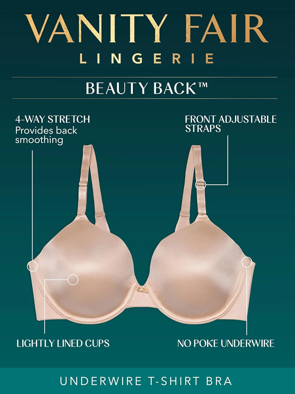 Vanity Fair Women's Full Coverage Beauty Back Smoothing Bra, 4-Way Stretch Fabric, Lightly Lined Cups up to DD
