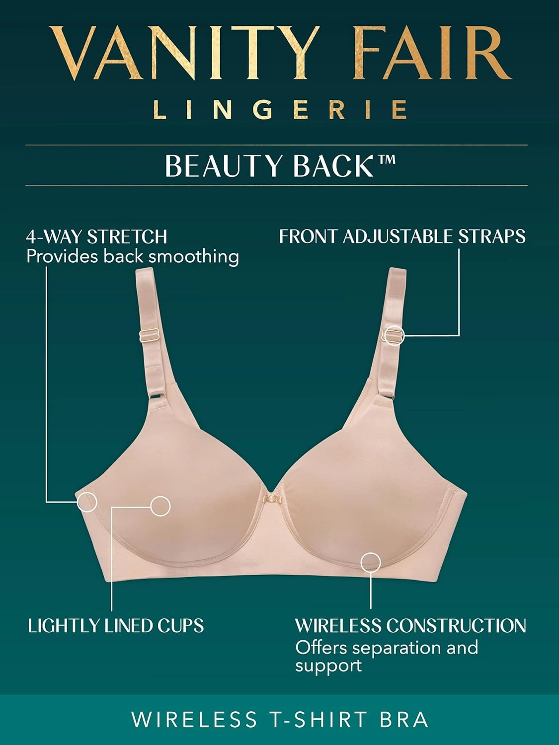 Vanity Fair Women's Full Coverage Beauty Back Smoothing Bra, 4-Way Stretch Fabric, Lightly Lined Cups up to DD