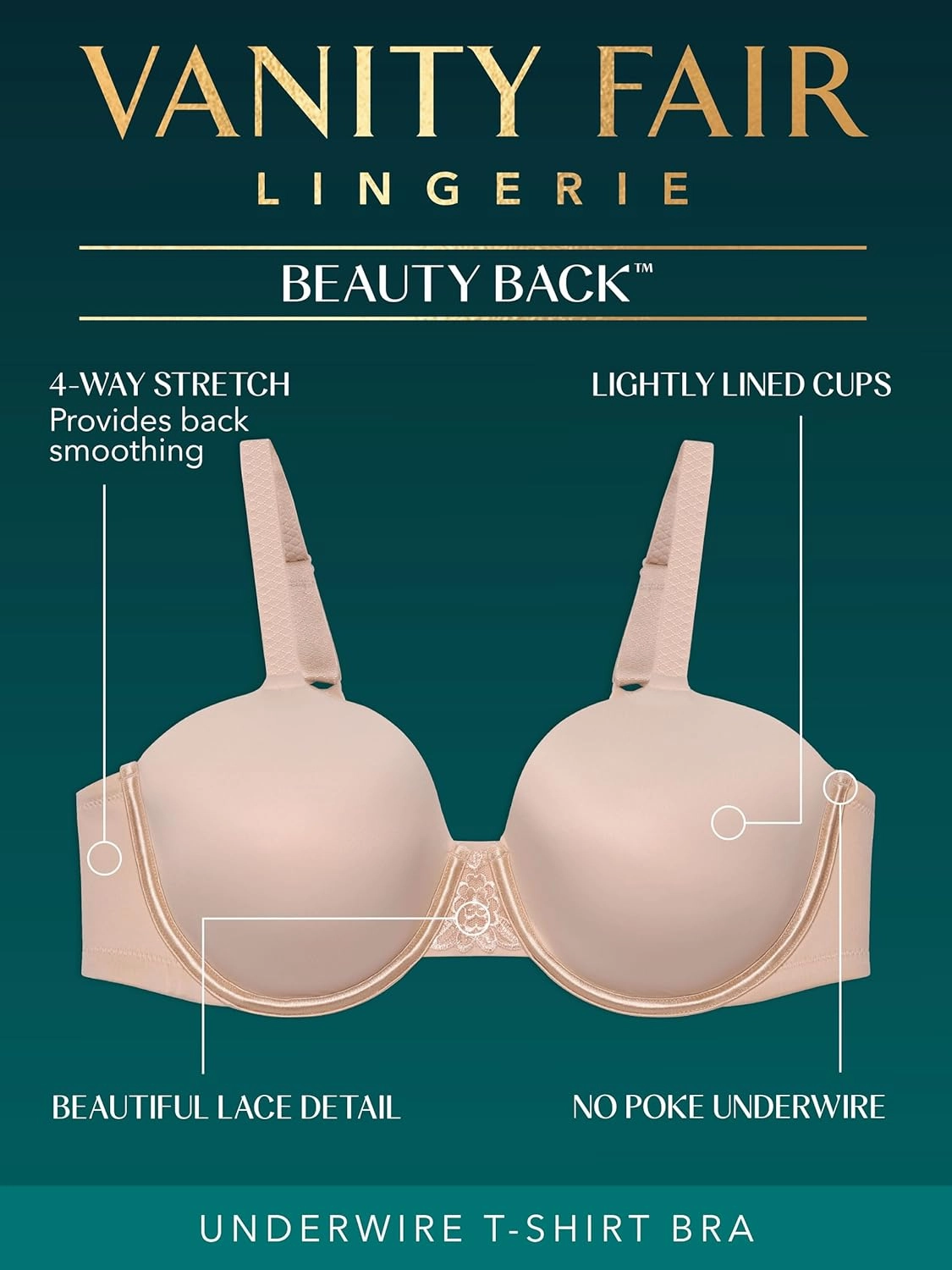 Vanity Fair Women's Full Figure Beauty Back Smoothing Bra, 4 Way Stretch Fabric, Lightly Lined Cups up to H