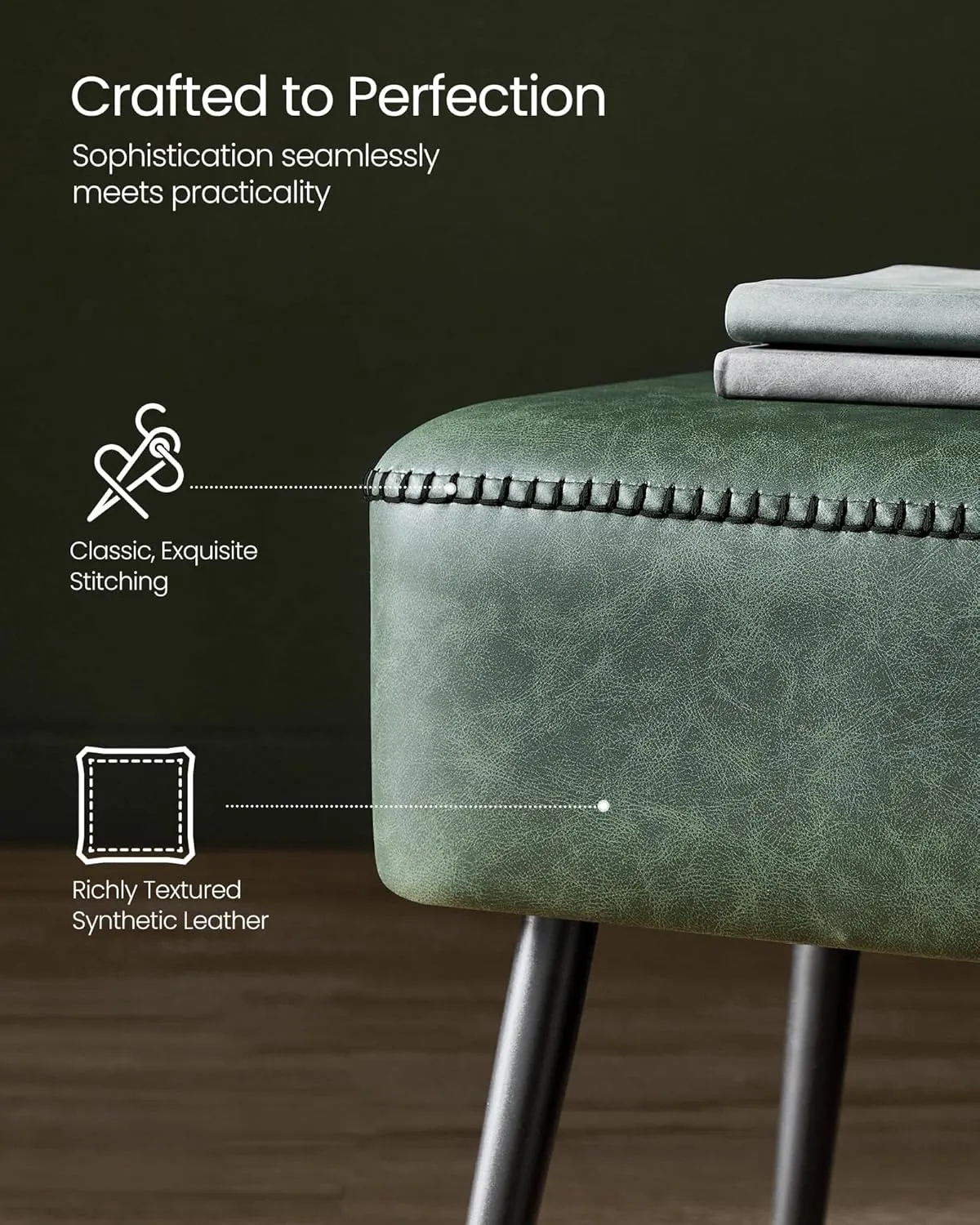 VASAGLE EKHO Collection - Bench for Entryway Bedroom, Synthetic Leather with Stitching, Ottoman Bench with Steel Legs, Living Dining Room, Mid-Century Modern, Loads 660 lb, Forest Green ULOM076C01