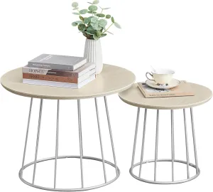 VASAGLE Round Coffee Tables, Set of 2, Modern Circle Side Tables with Steel Frame, for Living Room, Bedroom, Natural Beige ULCT045K67